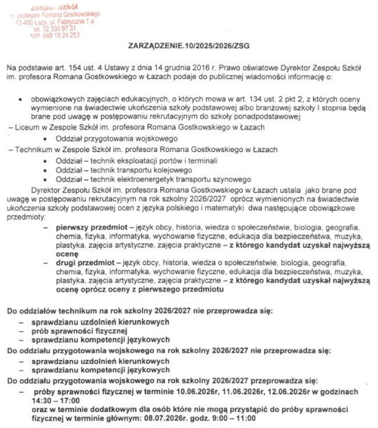 ZARZĄDZENIE W SPRAWIE REKRUTACJI